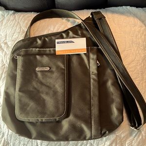 Travelon Crossbody Bag. Army Green with Orange Lining.4 zipper compartment